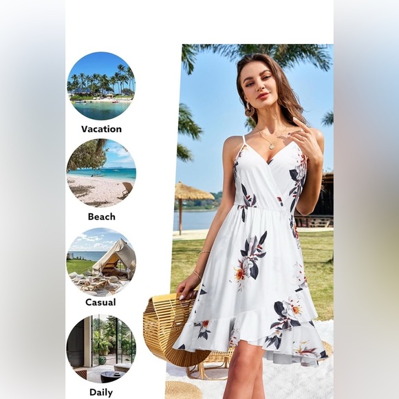 Floral V Neck Ruffled Hem Spaghetti Strap Flowy Wrap Sun Dress Size S - Picture 4 of 13